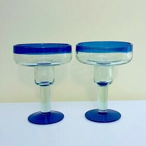 Vintage 2 Hand Blown Clear Cobalt Blue Margarita Glasses Bar Accessories